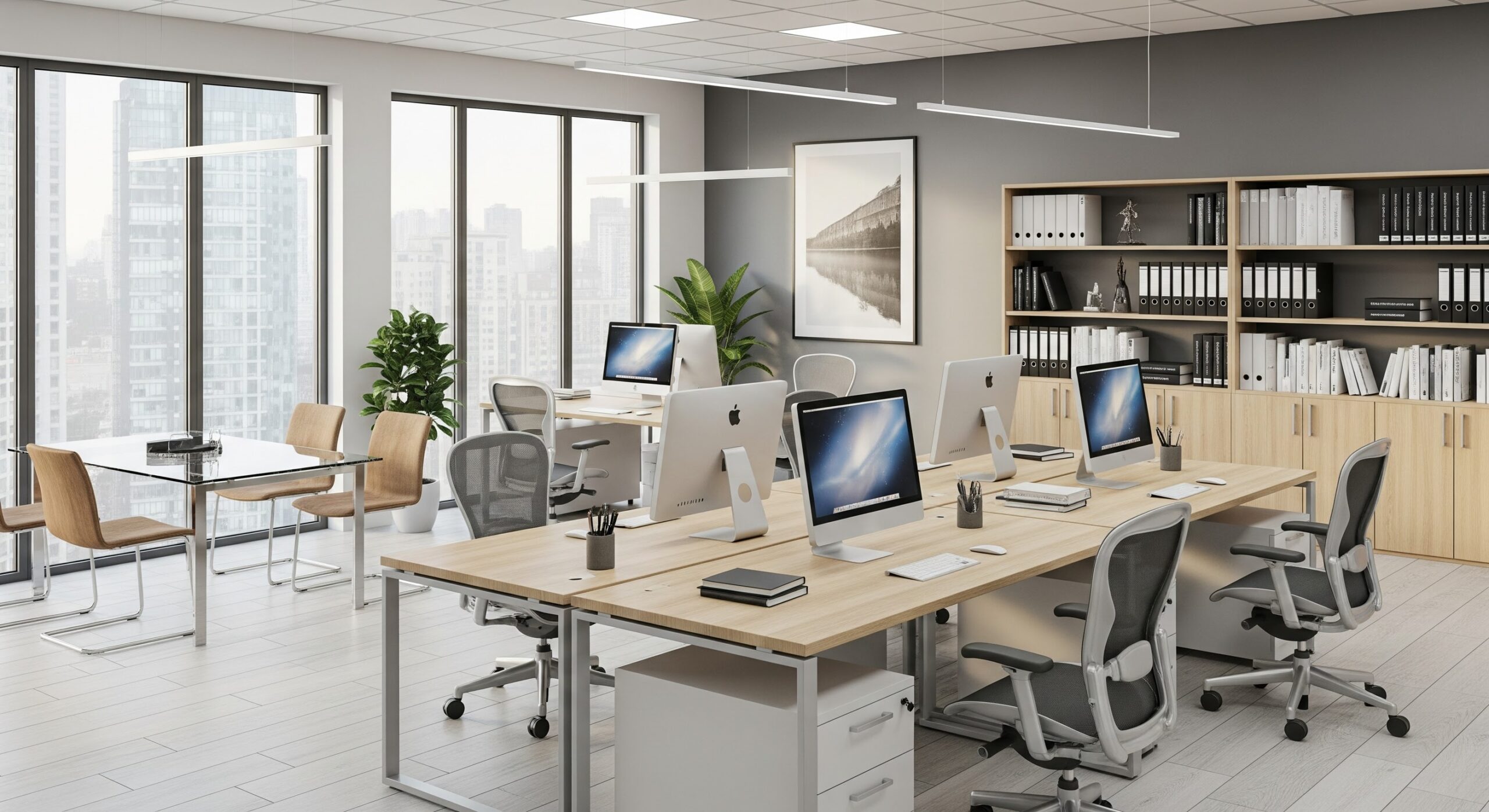 Escritório moderno com mesas de trabalho, computadores, cadeiras ergonômicas e prateleiras com livros, iluminado por grande janelas de vidro, ideal para ambientes corporativos.